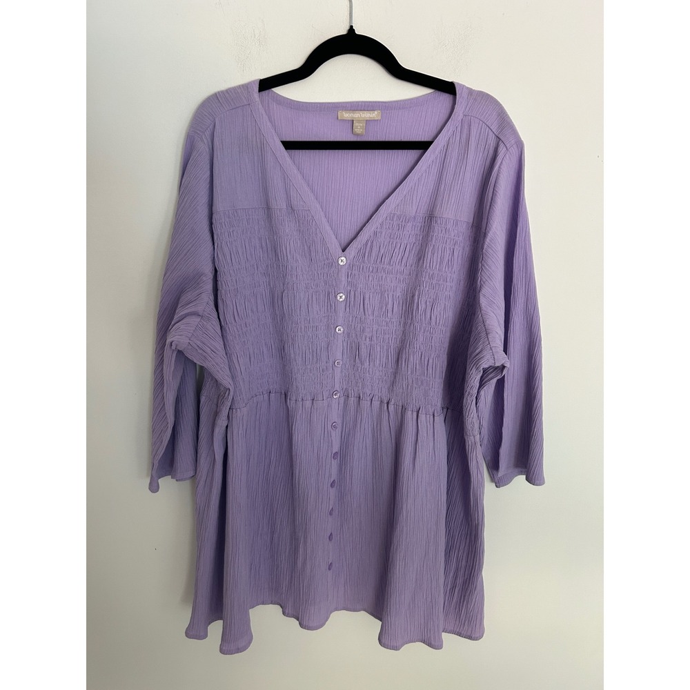 Woman Within Purple Crinkle Gauze Tunic Smocked Empire Waist V-Neck Top 1X 22/24